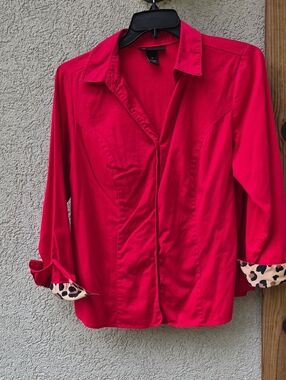 Lane Bryant Hot Pink Button-Down Shirt with Leopard Cuffs